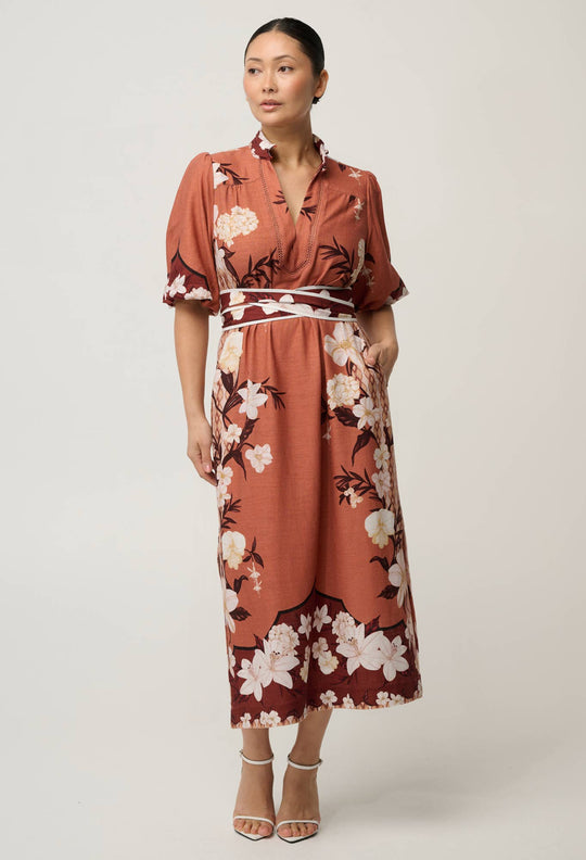 OnceWas UNDER 5'4 Gisela Linen Viscose Column Midi Dress in Amber Vine