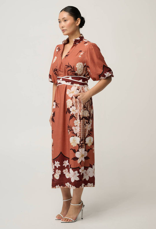 OnceWas UNDER 5'4 Gisela Linen Viscose Column Midi Dress in Amber Vine