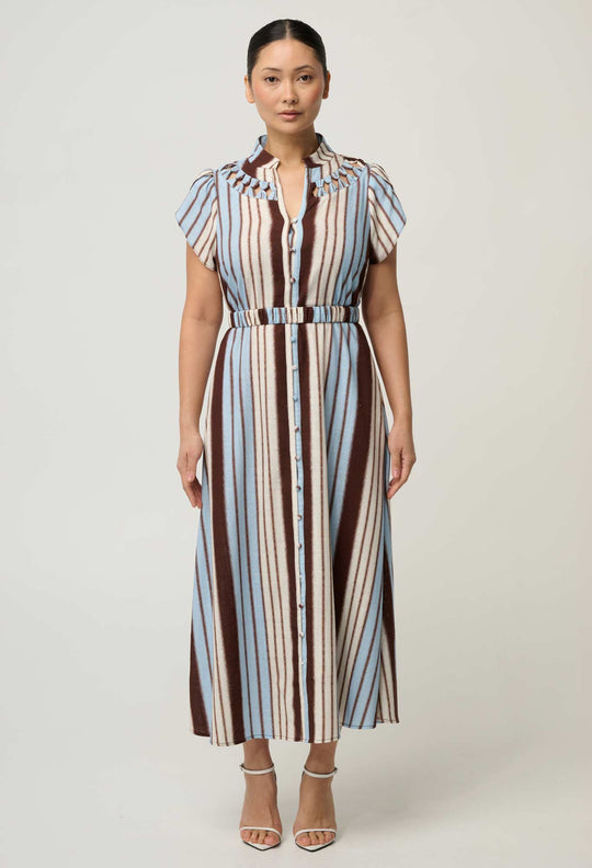 UNDER 5'4 Cattleya Linen Viscose Maxi Dress in Iridescent Stripe