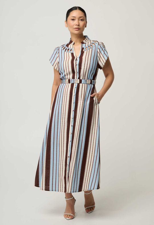 UNDER 5'4 Cattleya Linen Viscose Maxi Dress in Iridescent Stripe