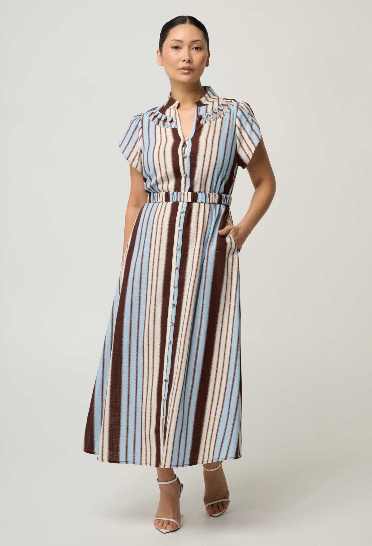 OnceWas UNDER 5'4 Cattleya Linen Viscose Maxi Dress in Iridescent Stripe