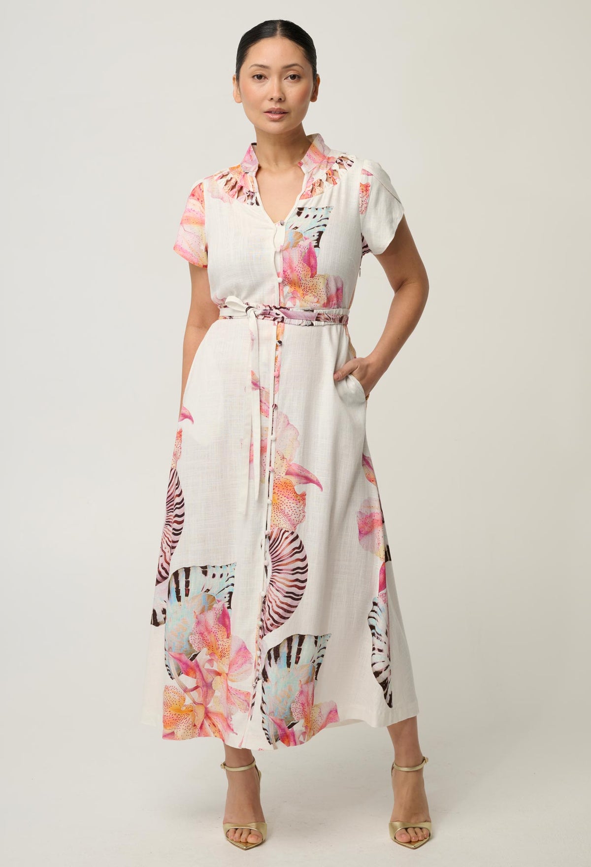 OnceWas UNDER 5'4 Cattleya Linen Viscose Maxi Dress in Nautilus Bloom