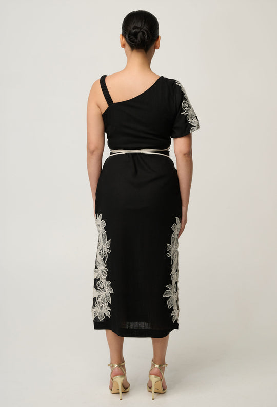 UNDER 5'4 Elodie One Shoulder Linen Viscose Embroidery Dress in Black