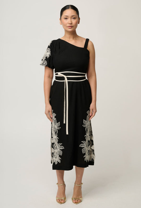 UNDER 5'4 Elodie One Shoulder Linen Viscose Embroidery Dress in Black