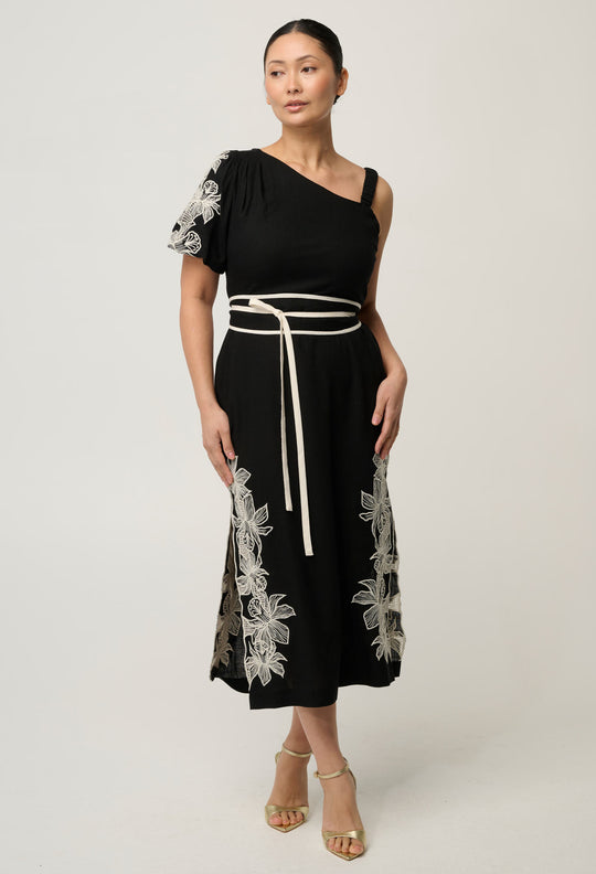 UNDER 5'4 Elodie One Shoulder Linen Viscose Embroidery Dress in Black