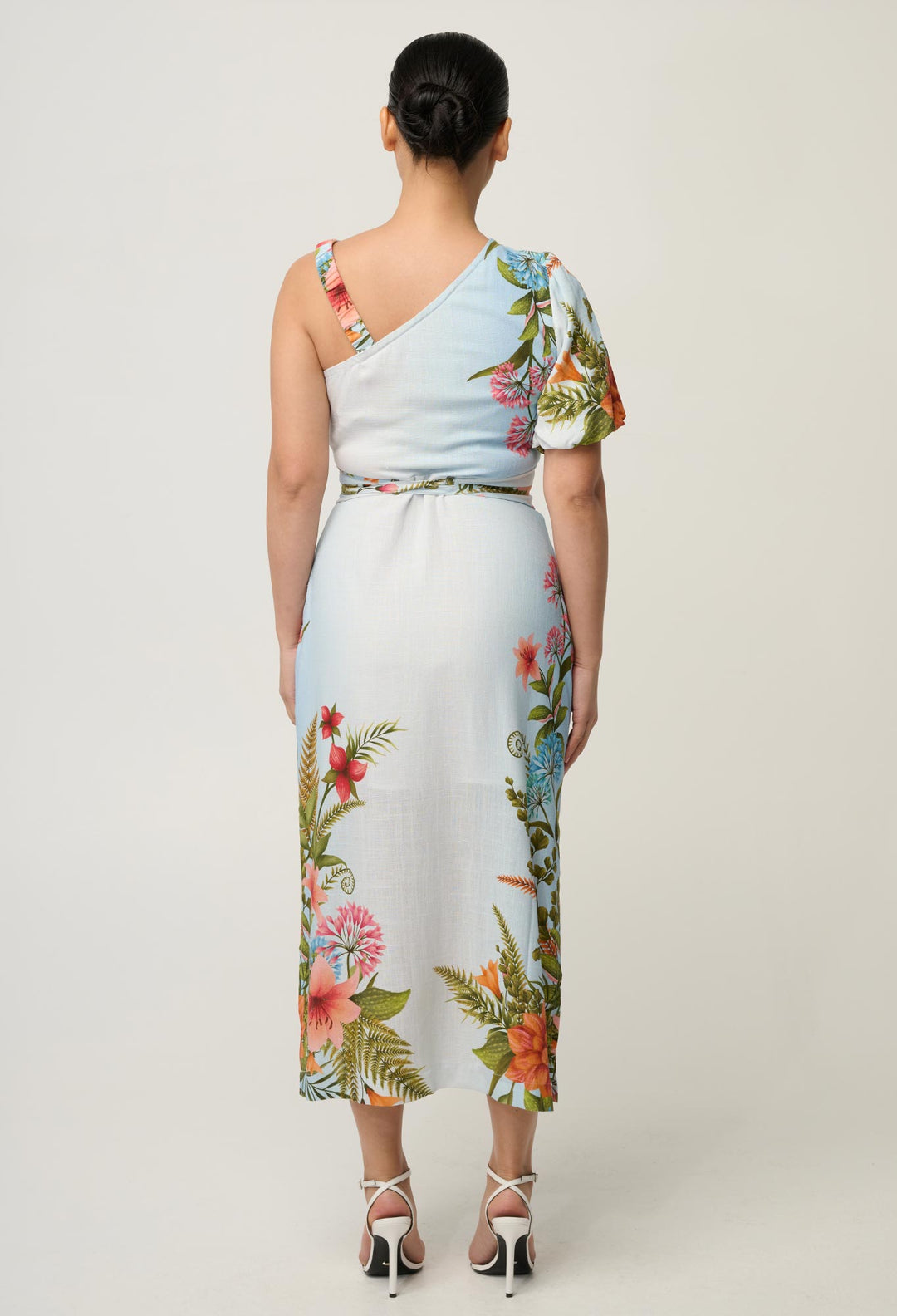 UNDER 5'4 Elodie One Shoulder Linen Viscose Embroidery Dress in Bloomscape