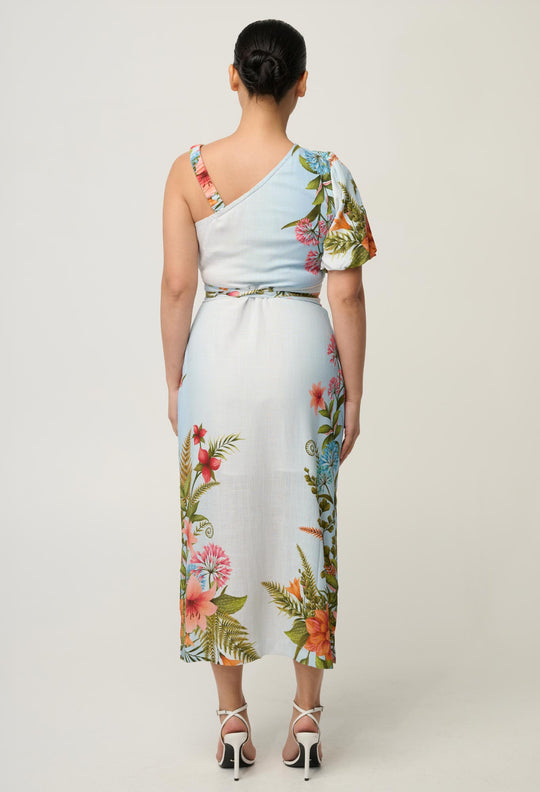 UNDER 5'4 Elodie One Shoulder Linen Viscose Embroidery Dress in Bloomscape