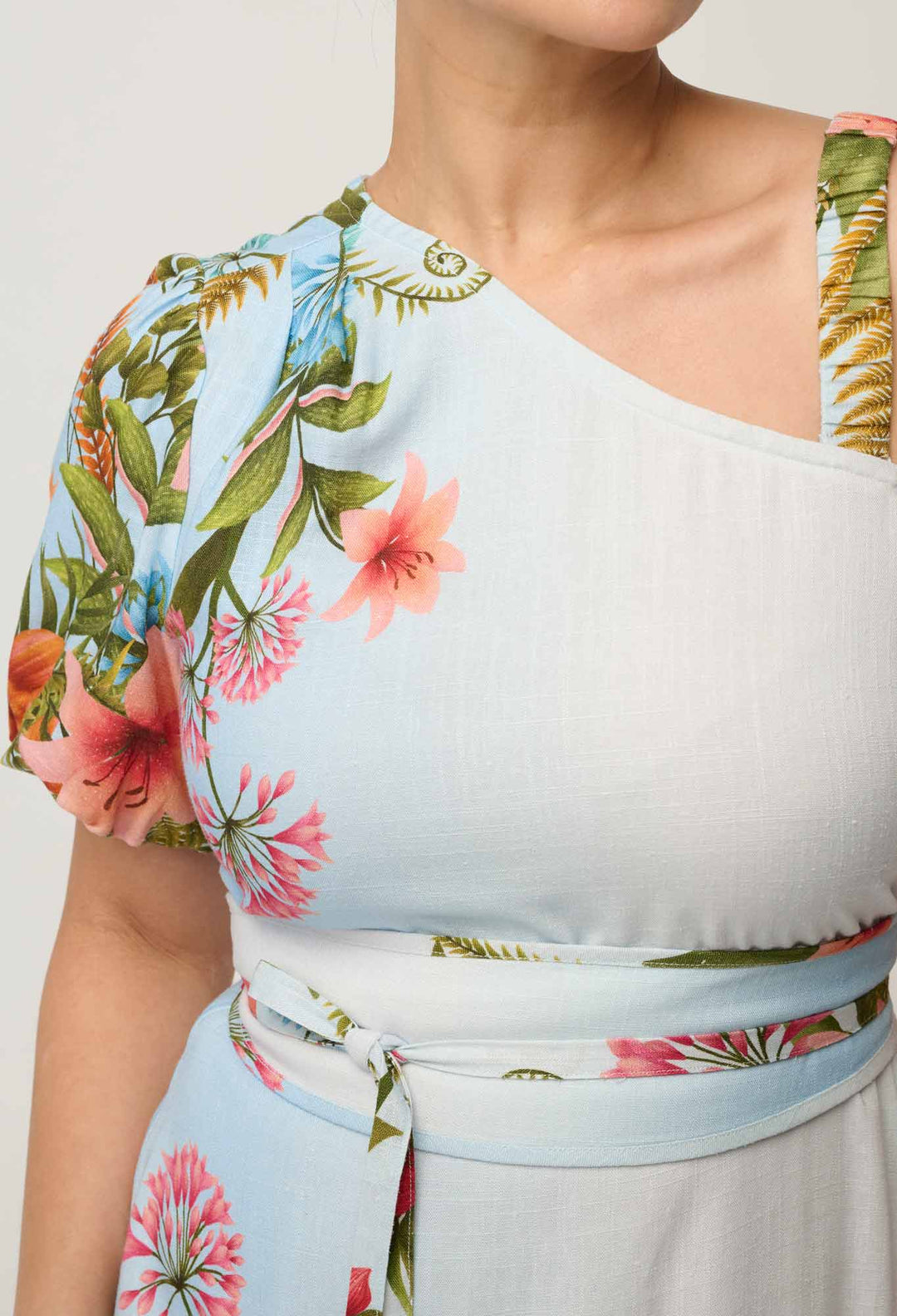 UNDER 5'4 Elodie One Shoulder Linen Viscose Embroidery Dress in Bloomscape
