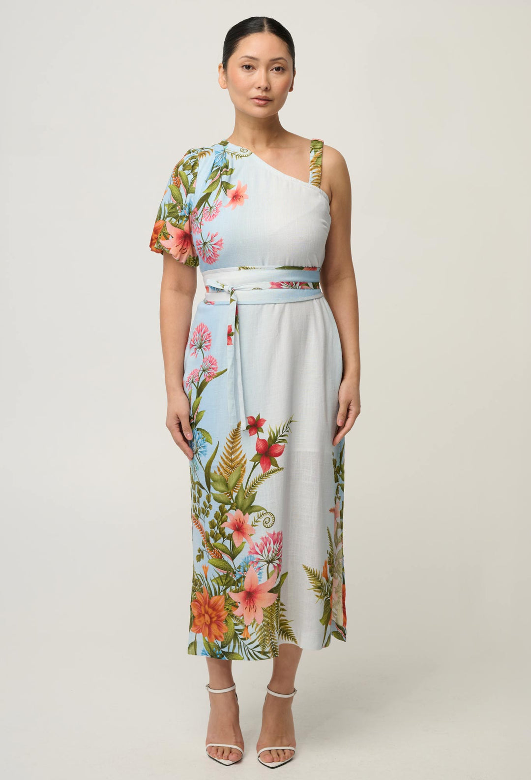 UNDER 5'4 Elodie One Shoulder Linen Viscose Embroidery Dress in Bloomscape