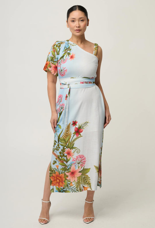 UNDER 5'4 Elodie One Shoulder Linen Viscose Embroidery Dress in Bloomscape