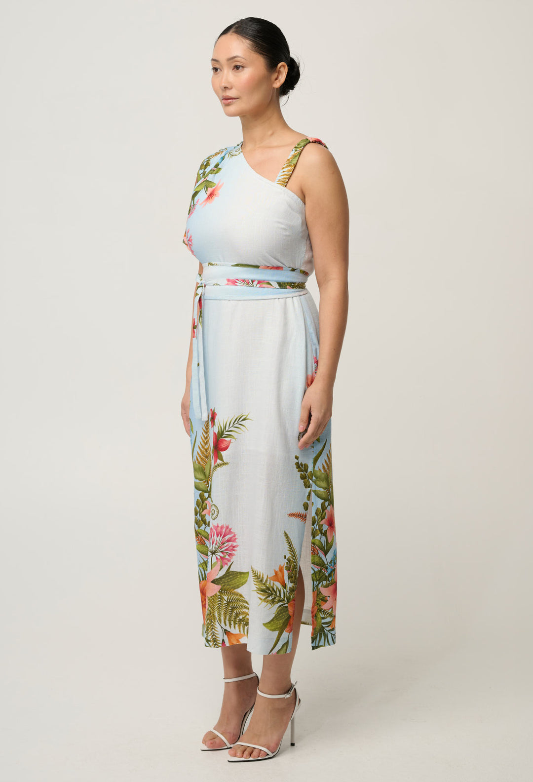 UNDER 5'4 Elodie One Shoulder Linen Viscose Embroidery Dress in Bloomscape