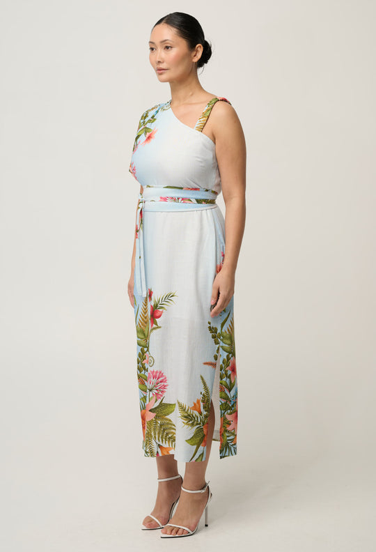 UNDER 5'4 Elodie One Shoulder Linen Viscose Embroidery Dress in Bloomscape
