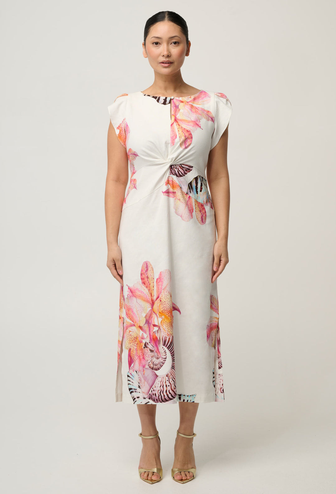 UNDER 5'4 Geneva Stretch Linen Viscose Column Midi Dress in Nautilus Bloom