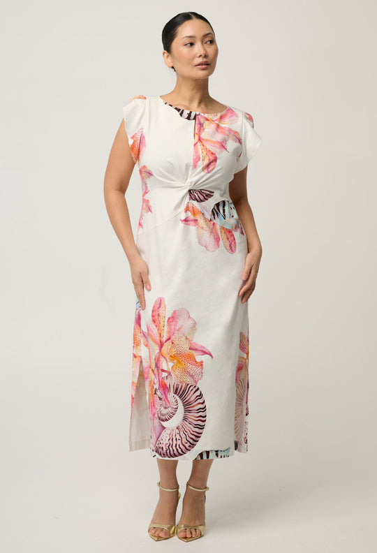 UNDER 5'4 Geneva Stretch Linen Viscose Column Midi Dress in Nautilus Bloom