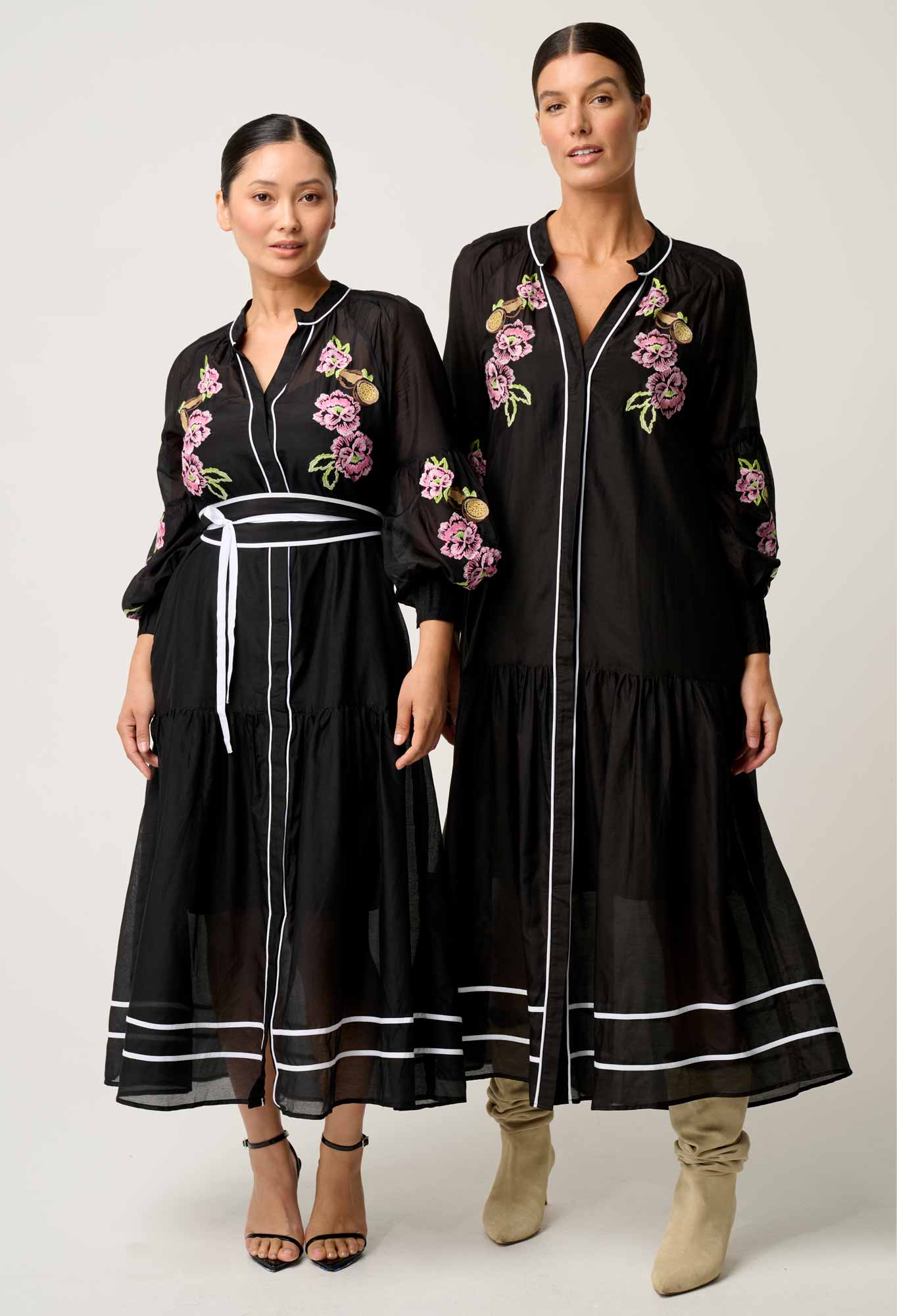 OnceWas PETITE Catalina Embroidered Cotton Silk Dress in Black Flores