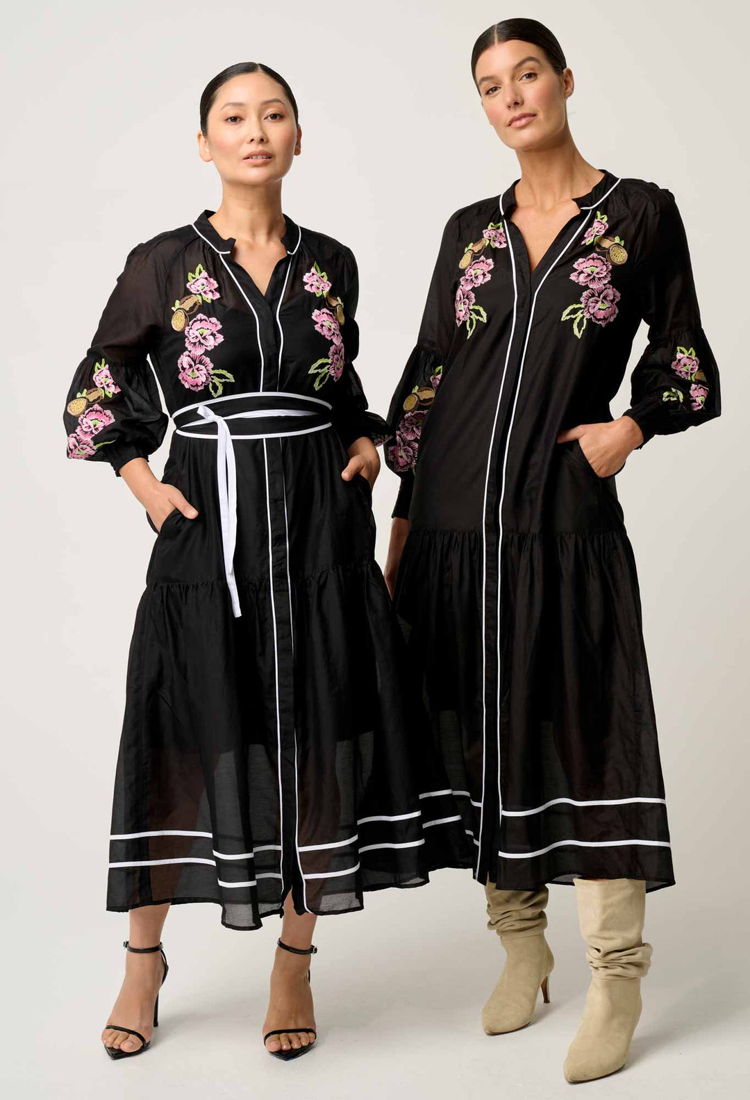 OnceWas PETITE Catalina Embroidered Cotton Silk Dress in Black Flores
