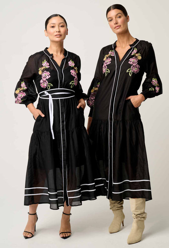 OnceWas PETITE Catalina Embroidered Cotton Silk Dress in Black Flores