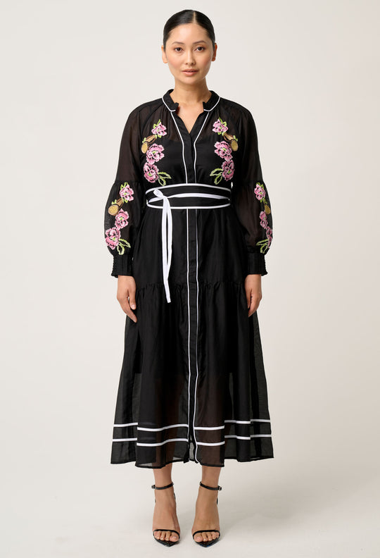 OnceWas PETITE Catalina Embroidered Cotton Silk Dress in Black Flores