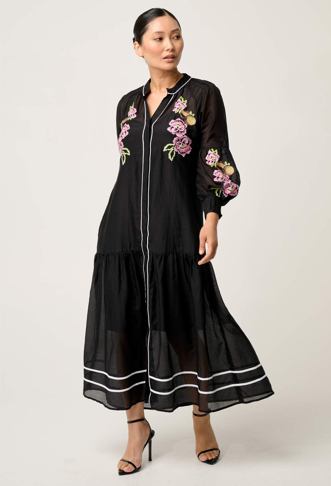 OnceWas PETITE Catalina Embroidered Cotton Silk Dress in Black Flores