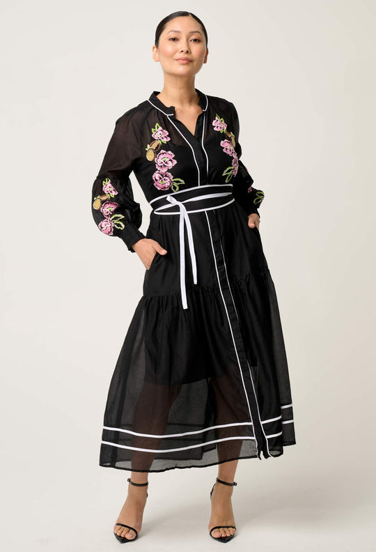 OnceWas PETITE Catalina Embroidered Cotton Silk Dress in Black Flores