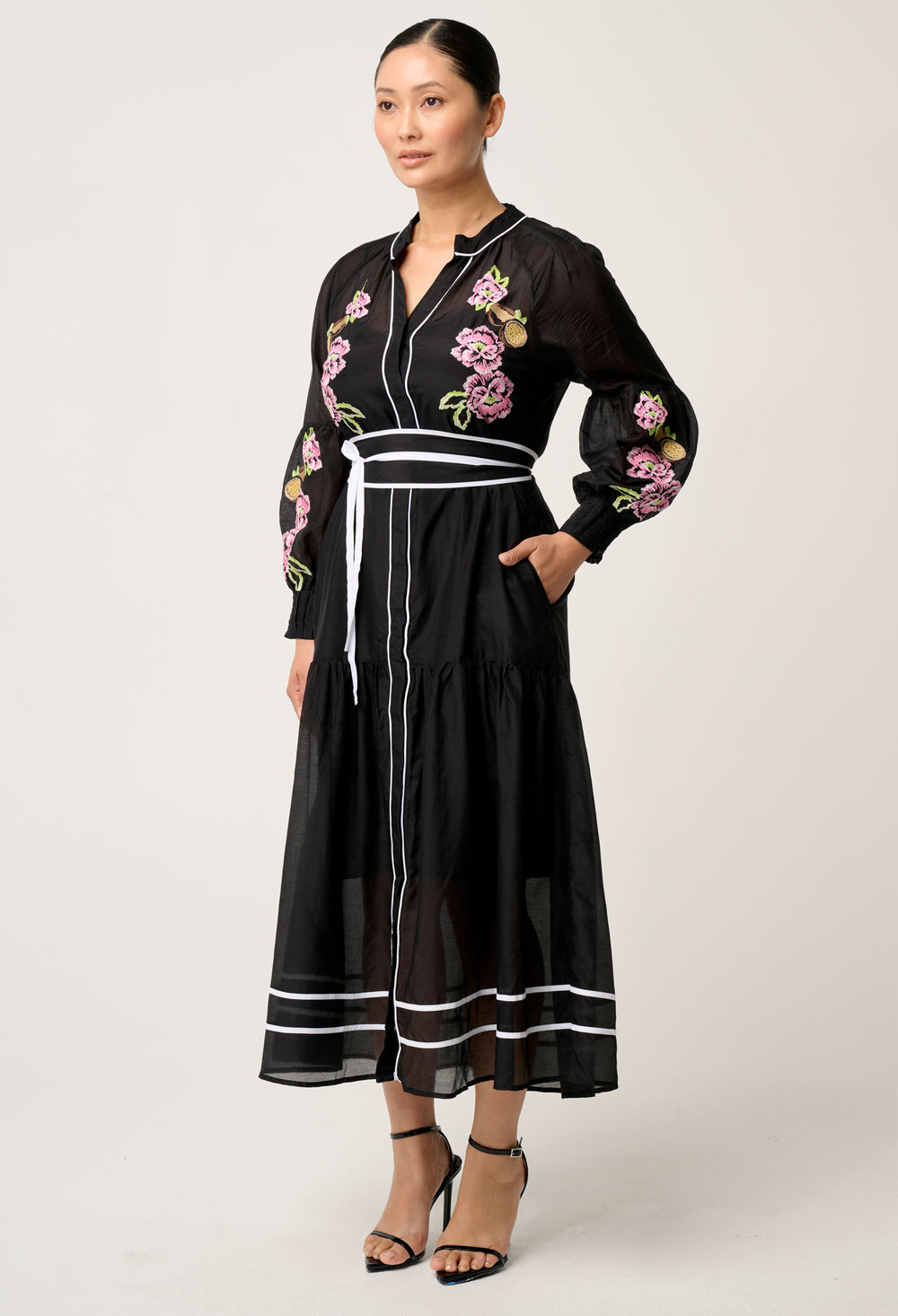 OnceWas PETITE Catalina Embroidered Cotton Silk Dress in Black Flores