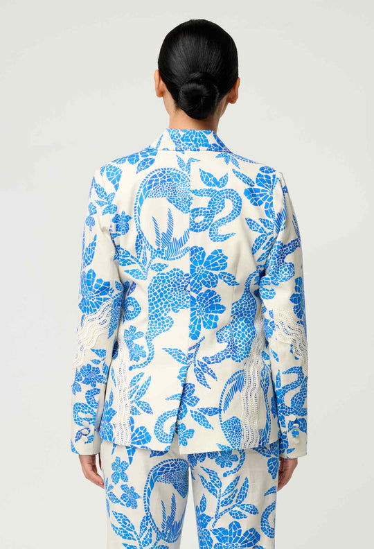 OnceWas PETITE Leandro Contrast Lace Linen Viscose Stretch Blazer in Azure Mosaic