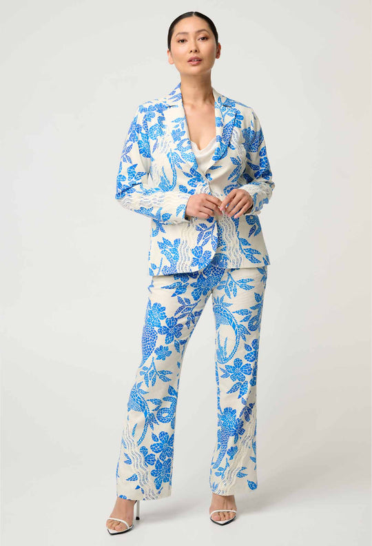 OnceWas PETITE Leandro Contrast Lace Linen Viscose Stretch Blazer in Azure Mosaic