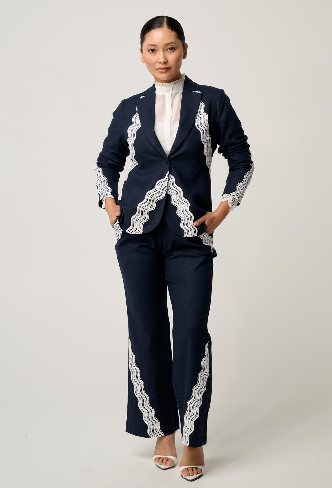 OnceWas PETITE Leandro Lace Viscose Stretch Blazer in Night Sky
