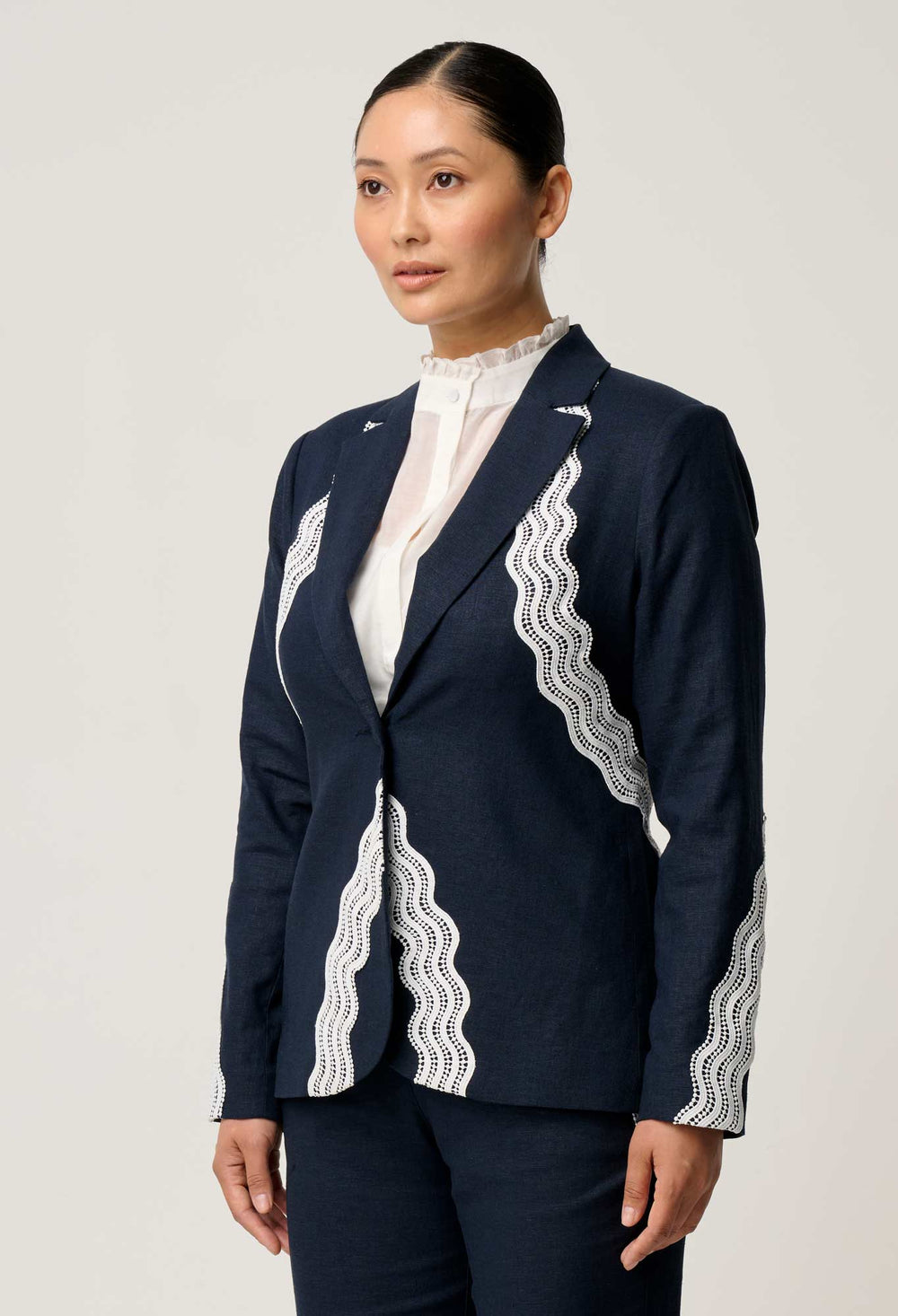 OnceWas PETITE Leandro Lace Viscose Stretch Blazer in Night Sky