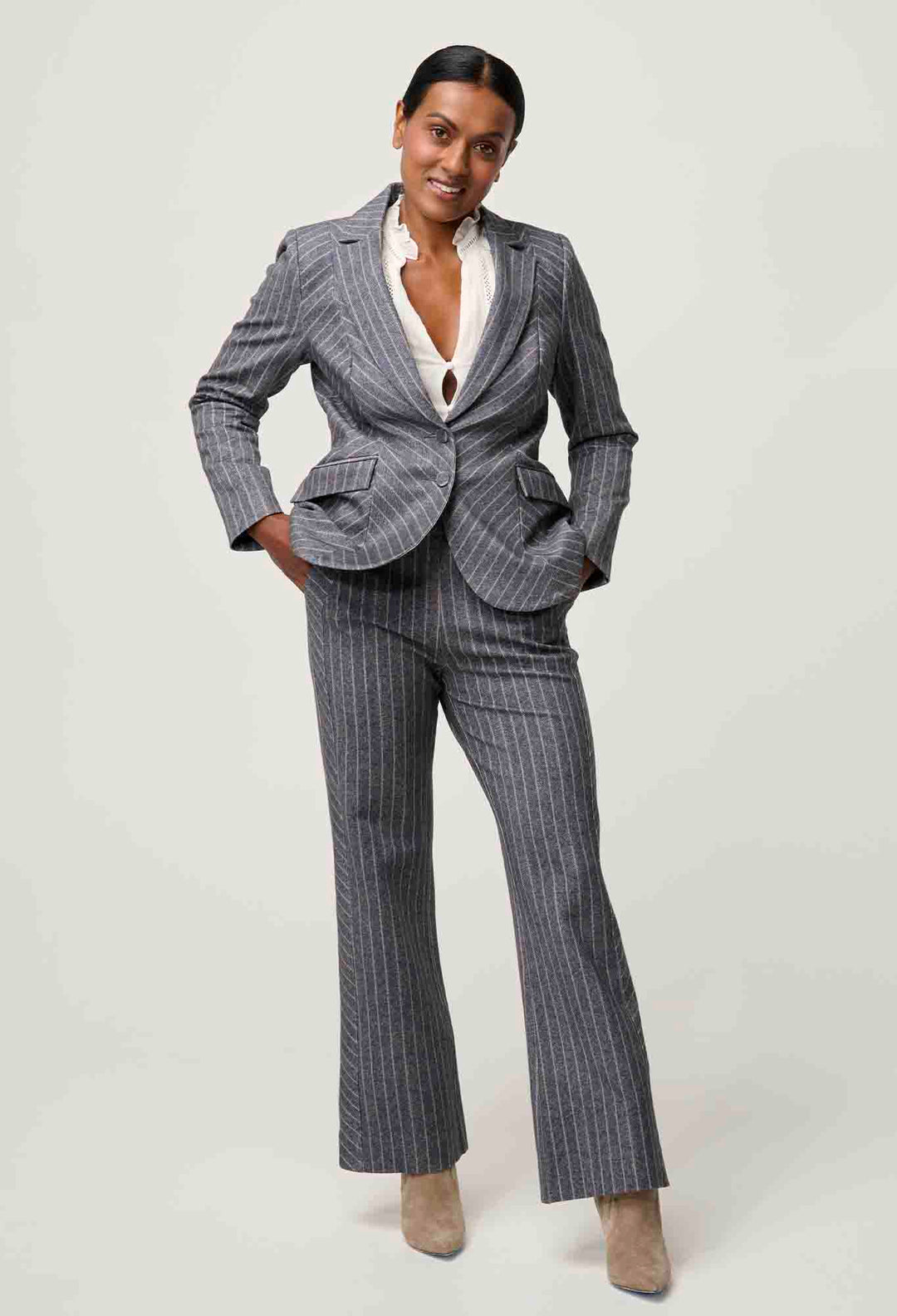 OnceWas PETITE Oaklyn Chevron Stripe Ponte Blazer in Bluestone Stripe