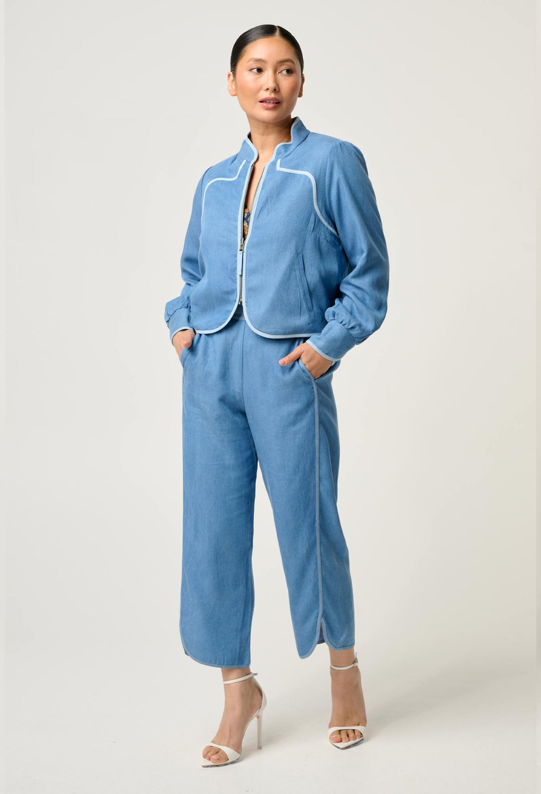 OnceWas PETITE Aurora Reversible Viscose & Tencel Fringe Jacket in Petinos Floros / Blue Ash