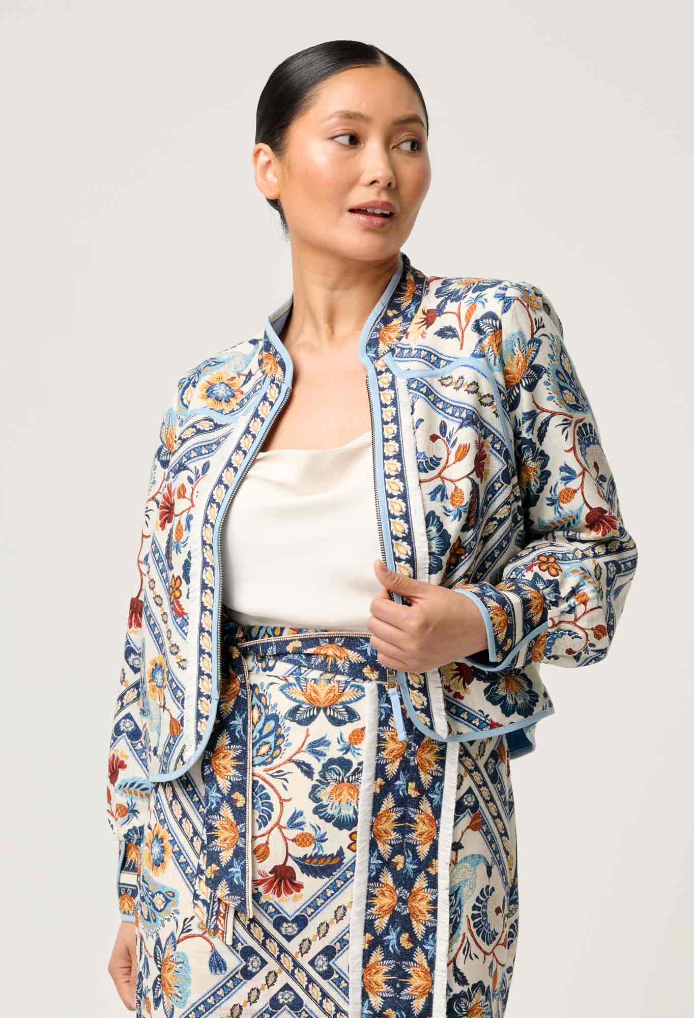 OnceWas PETITE Aurora Reversible Viscose & Tencel Fringe Jacket in Petinos Floros / Blue Ash