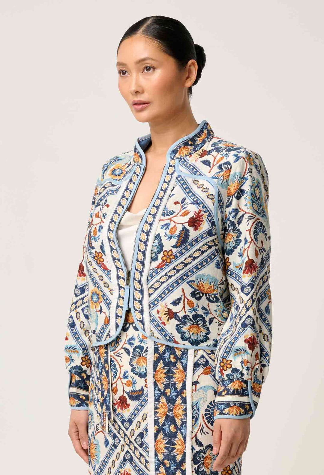 OnceWas PETITE Aurora Reversible Viscose & Tencel Fringe Jacket in Petinos Floros / Blue Ash