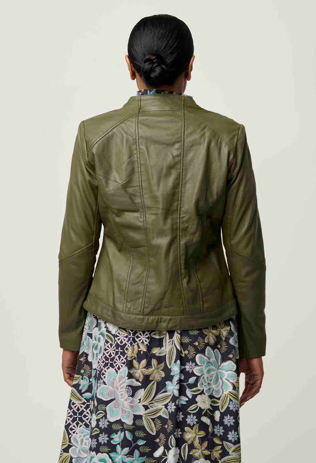 OnceWas PETITE Nova Leather Curved Hem Jacket in Moss