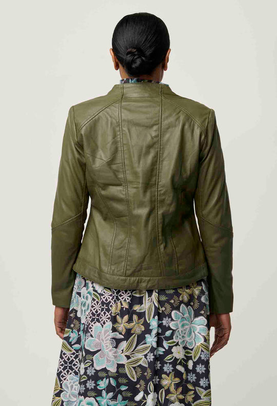 OnceWas PETITE Nova Leather Curved Hem Jacket in Moss