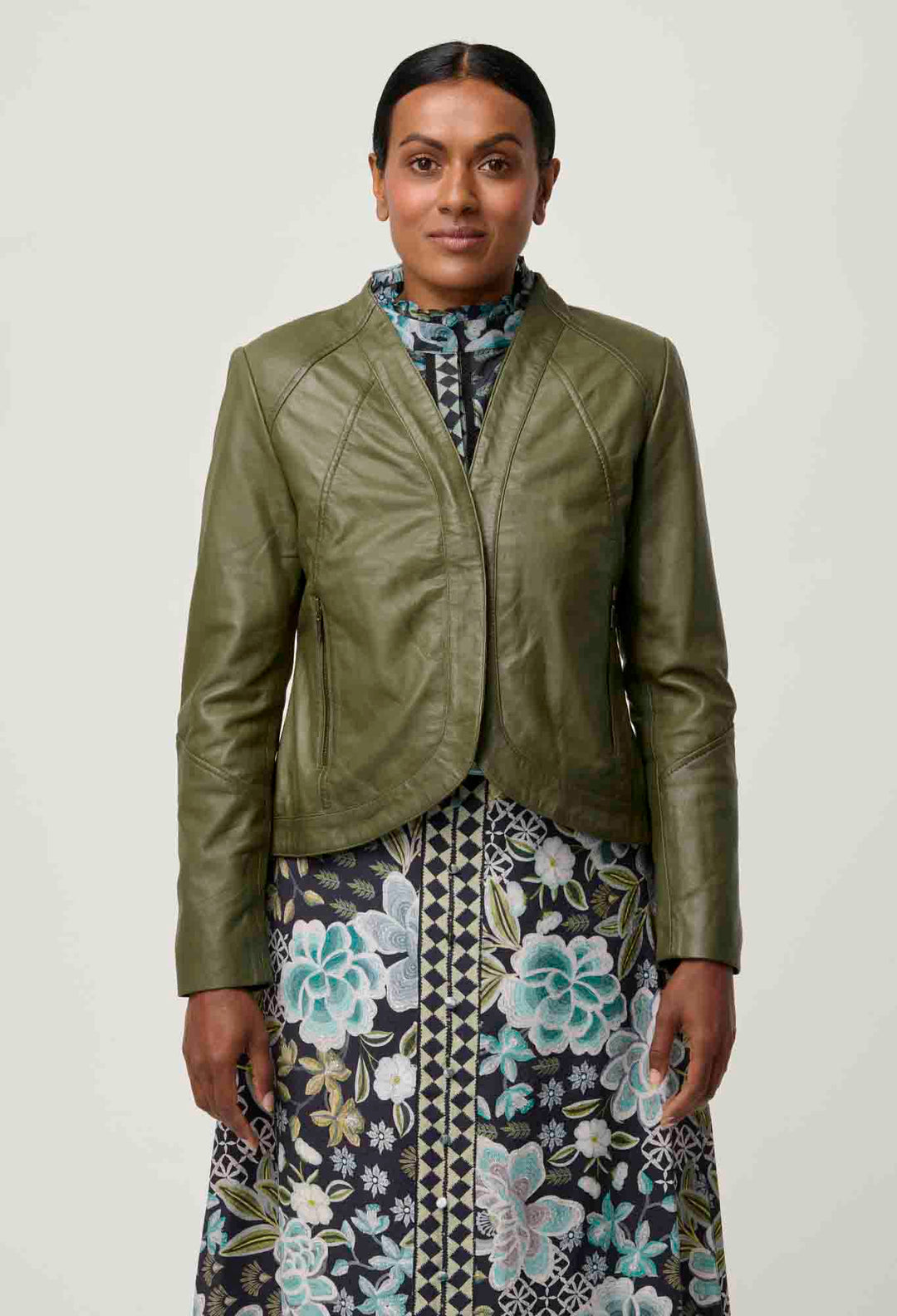 OnceWas PETITE Nova Leather Curved Hem Jacket in Moss