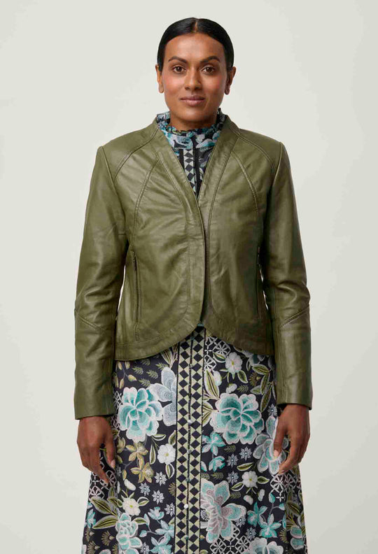 OnceWas PETITE Nova Leather Curved Hem Jacket in Moss