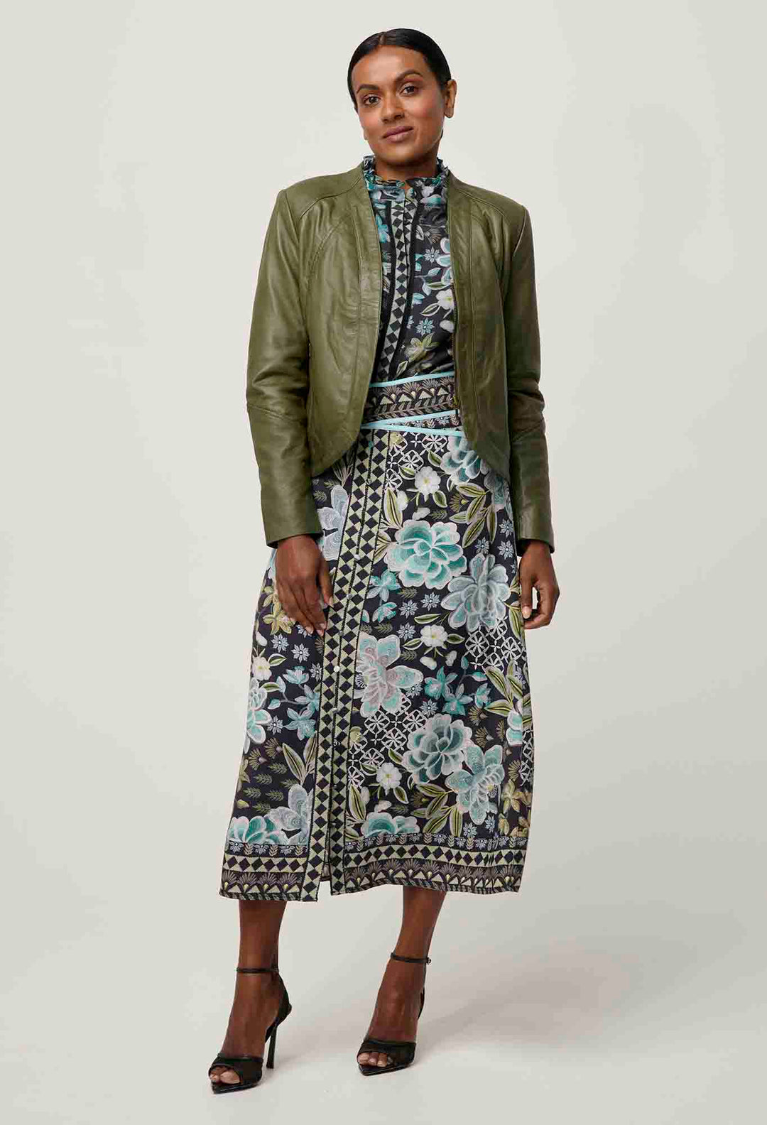 OnceWas PETITE Nova Leather Curved Hem Jacket in Moss