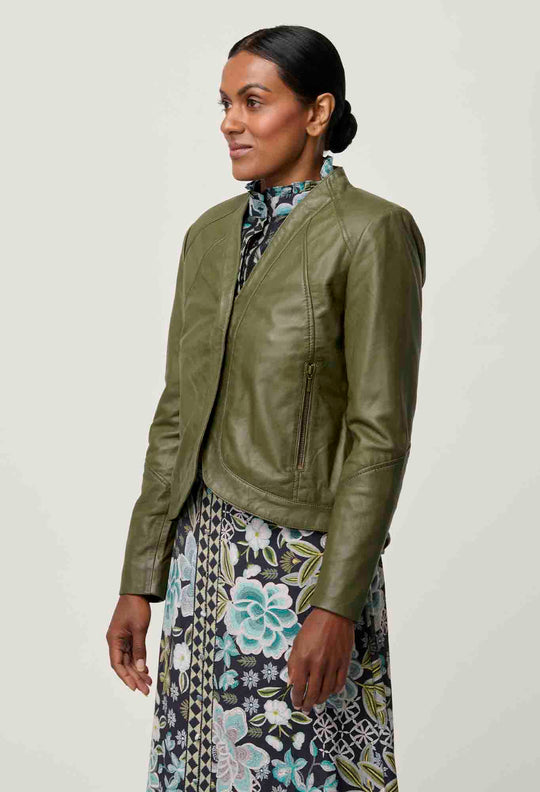 OnceWas PETITE Nova Leather Curved Hem Jacket in Moss