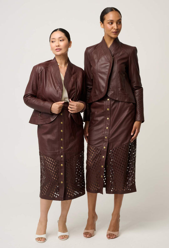 OnceWas PETITE Acer Leather Shawl Collar Detail Jacket in Oxblood