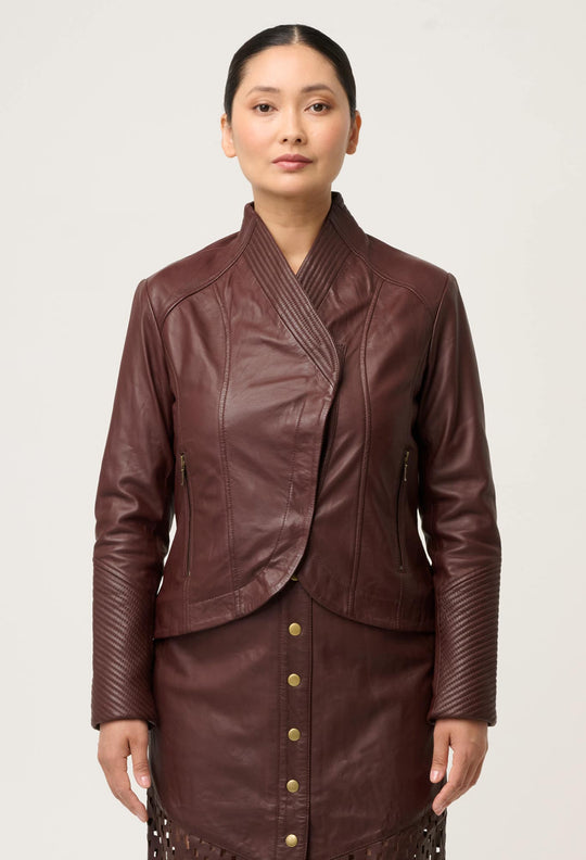 OnceWas PETITE Acer Leather Shawl Collar Detail Jacket in Oxblood