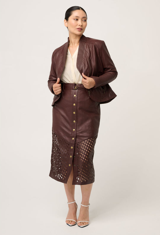 OnceWas PETITE Acer Leather Shawl Collar Detail Jacket in Oxblood