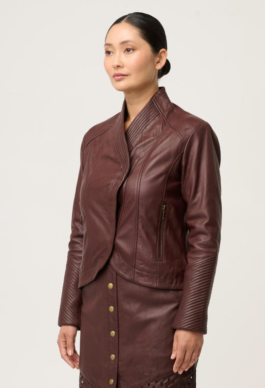OnceWas PETITE Acer Leather Shawl Collar Detail Jacket in Oxblood