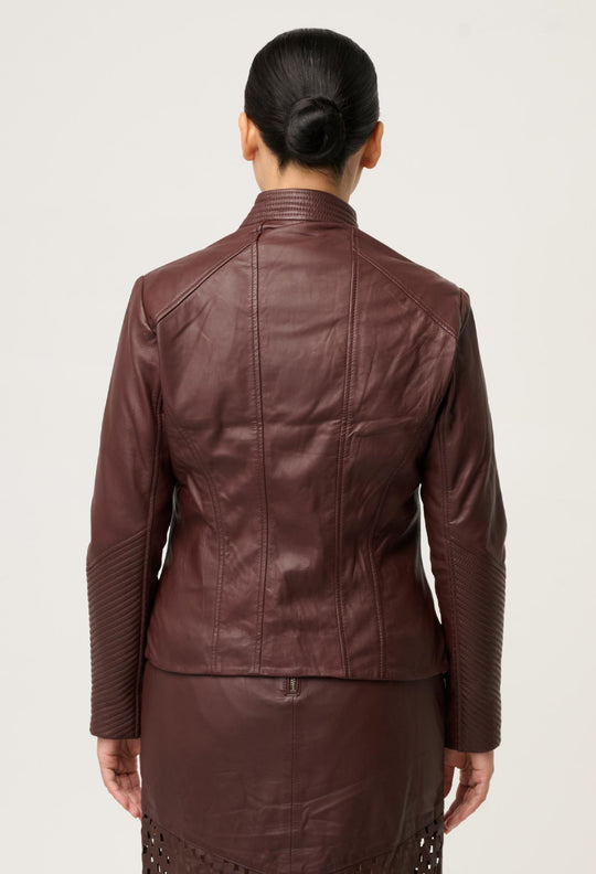 UNDER 5'4 Acer Leather Shawl Collar Detail Jacket in Oxblood