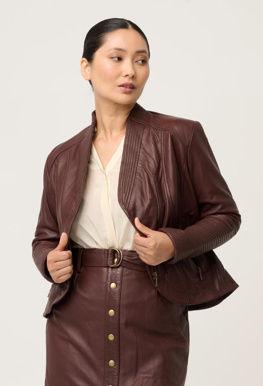 UNDER 5'4 Acer Leather Shawl Collar Detail Jacket in Oxblood