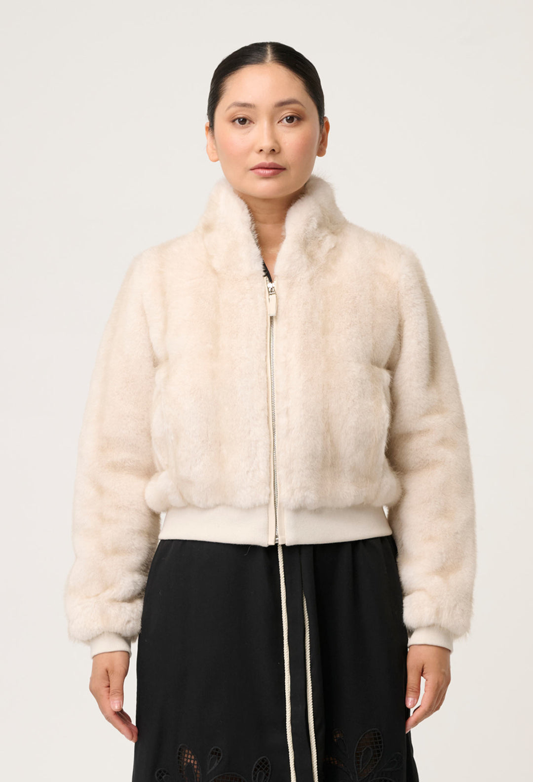 OnceWas PETITE Chrysta Faux Fur Rib Detail Bomber in Porcelain