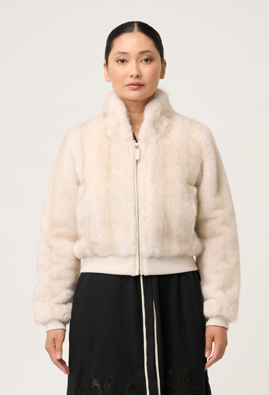 OnceWas PETITE Chrysta Faux Fur Rib Detail Bomber in Porcelain
