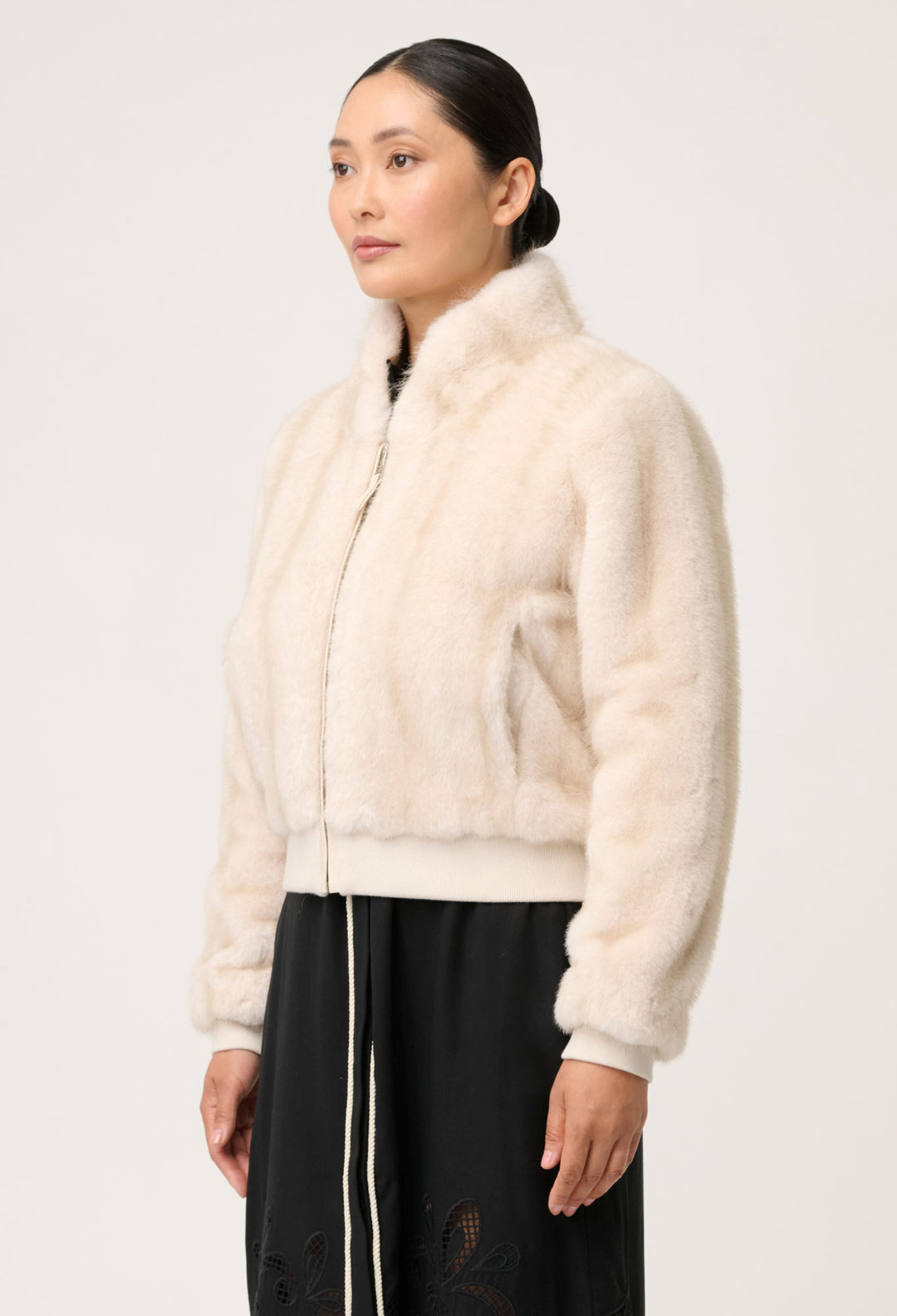 OnceWas PETITE Chrysta Faux Fur Rib Detail Bomber in Porcelain