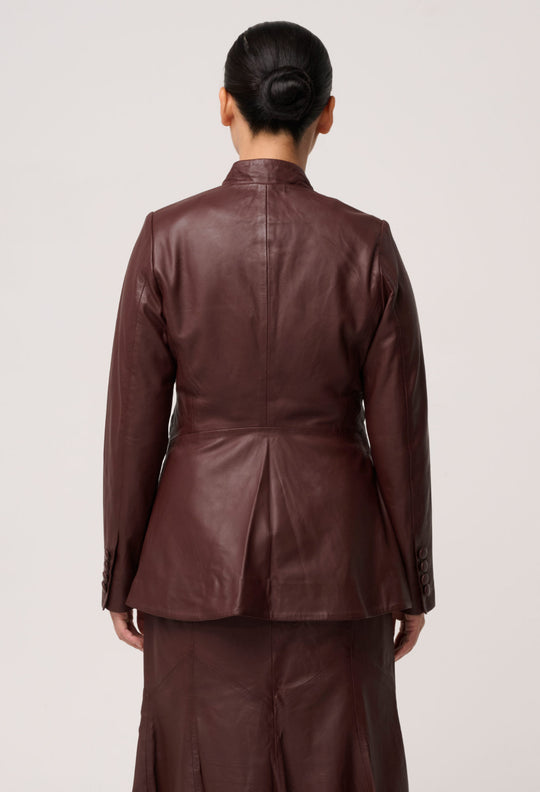 UNDER 5'4 Calypso Genuine Leather Panelled Blazer in Oxblood