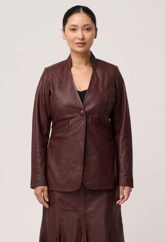 UNDER 5'4 Calypso Genuine Leather Panelled Blazer in Oxblood